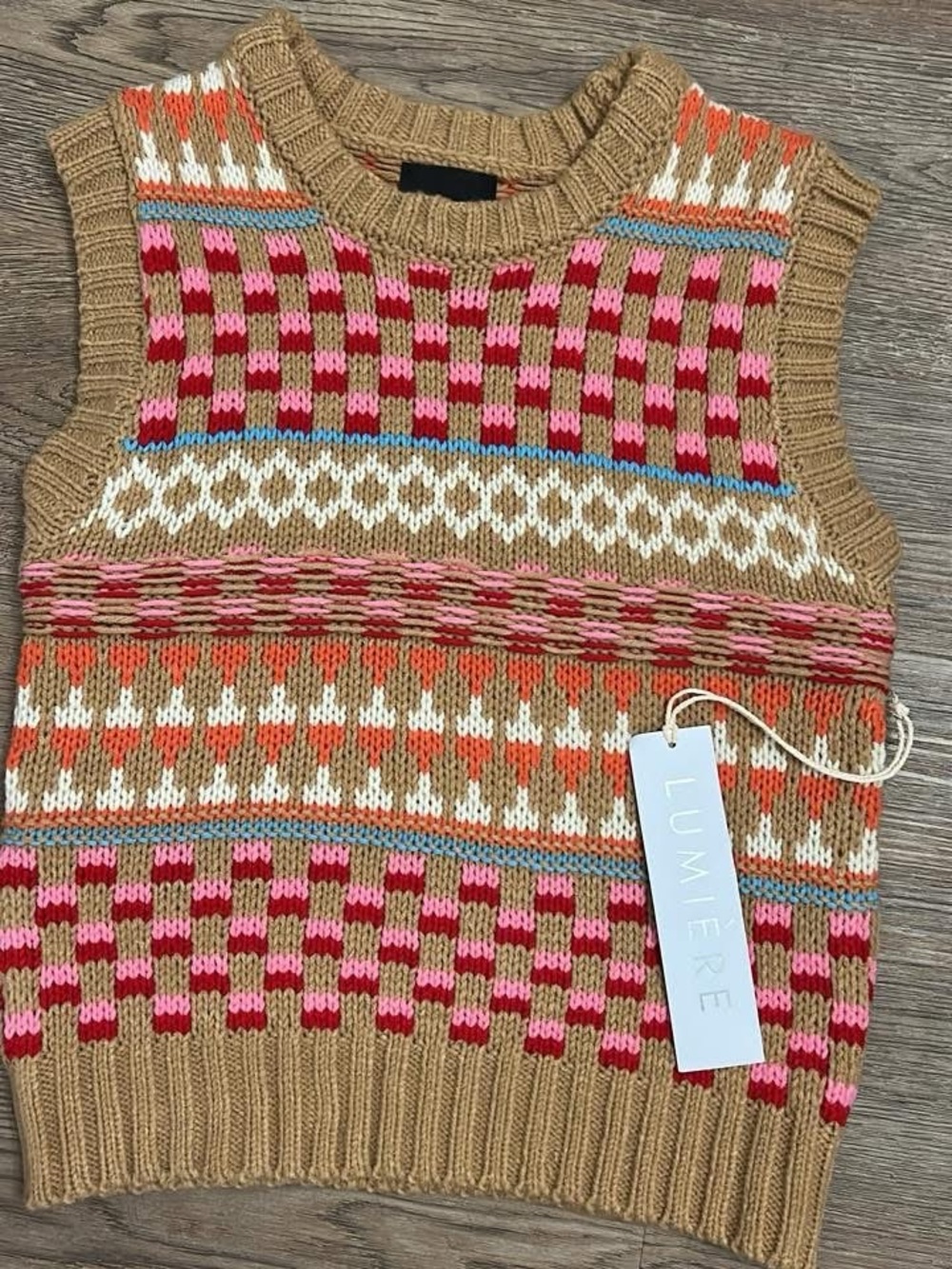 Lumiere Multicolor Fair Isle Knit Vest - Camel, Pink, Red, Cream, Orange